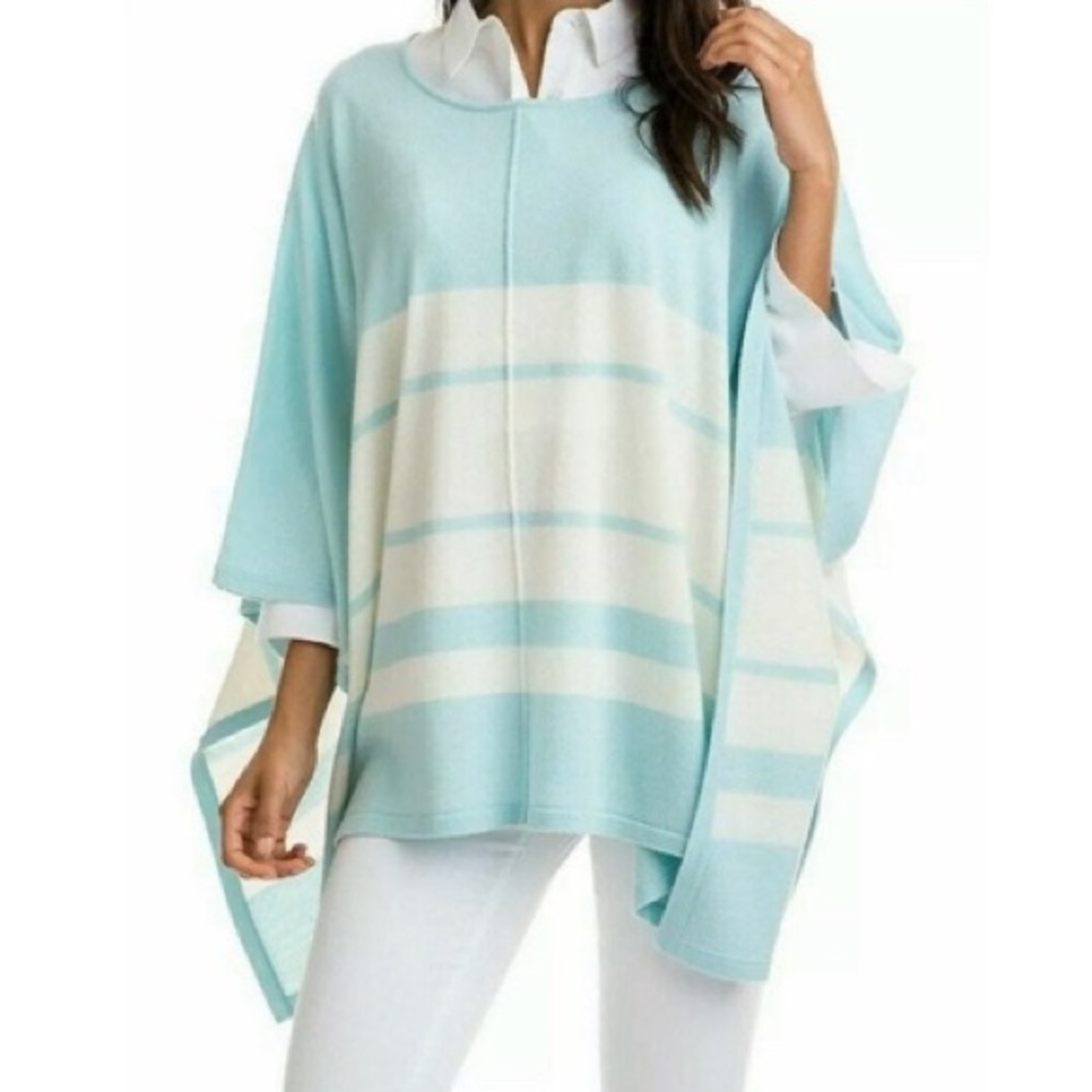 Vineyard. Vines Wool/Cashmere Striped Sweater Poncho color Crystal Blue  XS/S